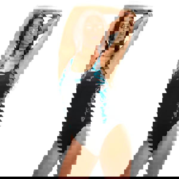 Black Speedo Hyperboom Splice Muscleback swimsuit with teal leaf pattern