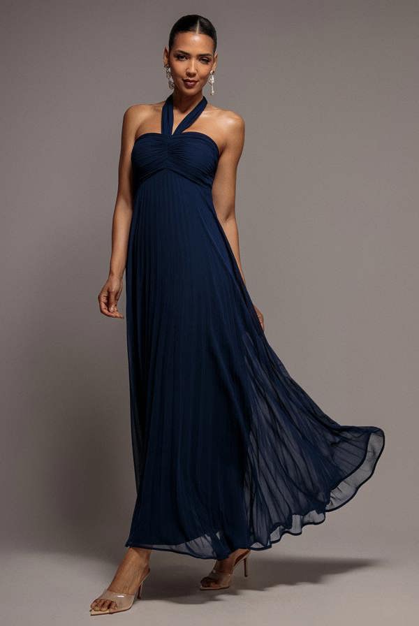 Sleeveless Pleated Chiffon Multiway Scarf Maxi Dress - Navy Blue DR4829