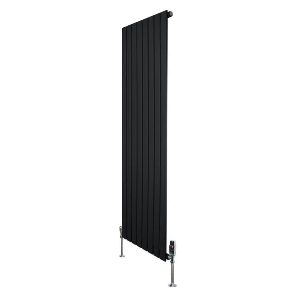 Flat single column radiator in sleek black finish, measuring 1600mm x 560mm, featuring modern vertical design and valves