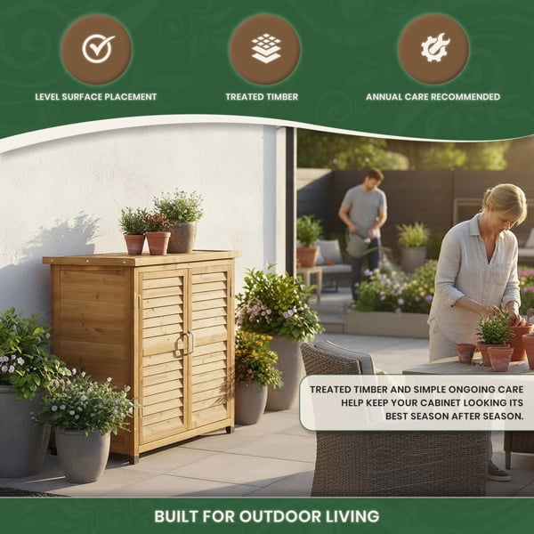 Wooden Tool Shed Storage Cabinet Natural, Outdoor Garden Storage with Felted Roof, Louvred Double Doors, 3 Shelves