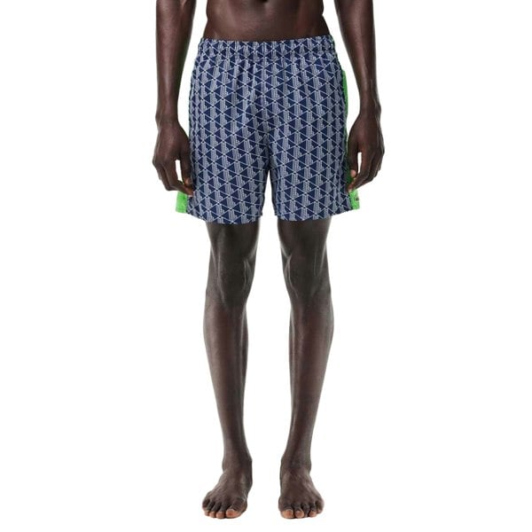 Lacoste Mens Monogram Mid Length Swimming Trunks - Navy Blue/Green