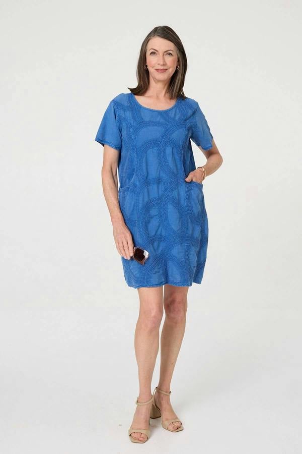 Blue | Embroidered Texture Short Shift Dress