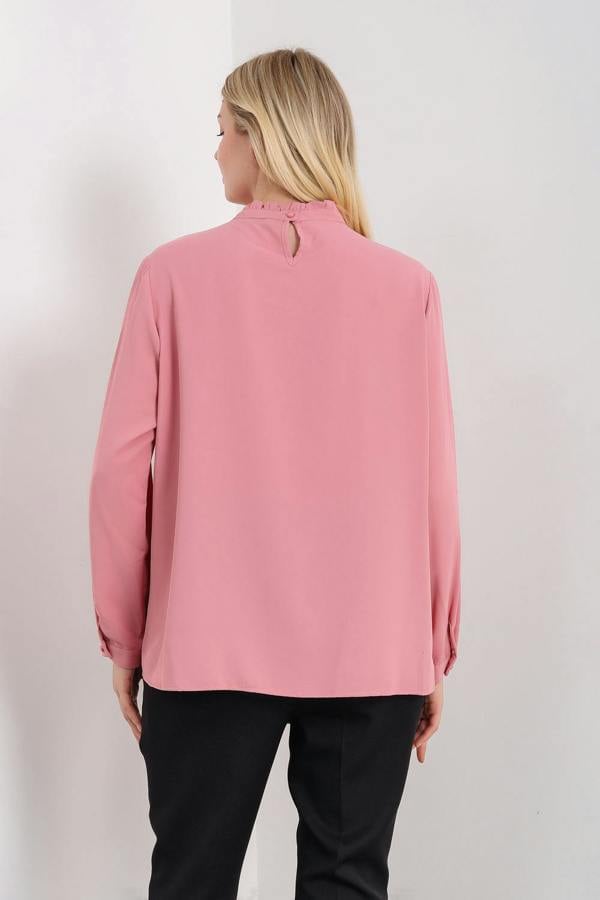 Hoxton Gal Oversized Ruffle Neck Top with Long Sleeves in Pink
