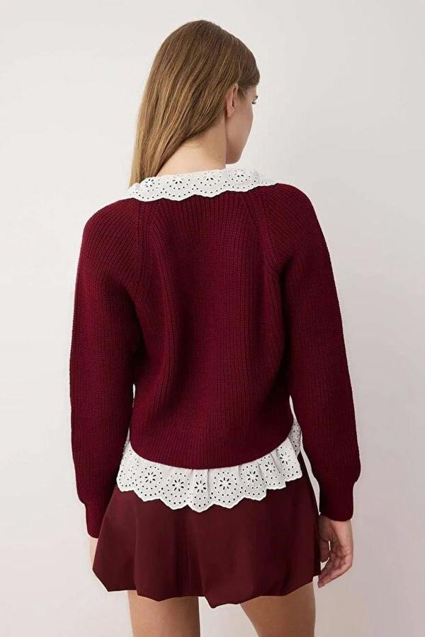 WOVCOR Crop V-Neck Knit Cardigan with Shirt Garnish Detail