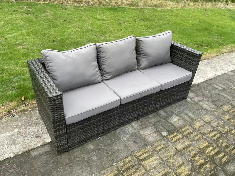 Fimous 5 Seater PE Rattan Garden Furniture Patio Set, Gas Fire Pit Dining Table, Sofa, Armchairs, Big Footstool, Dark Grey Mixed