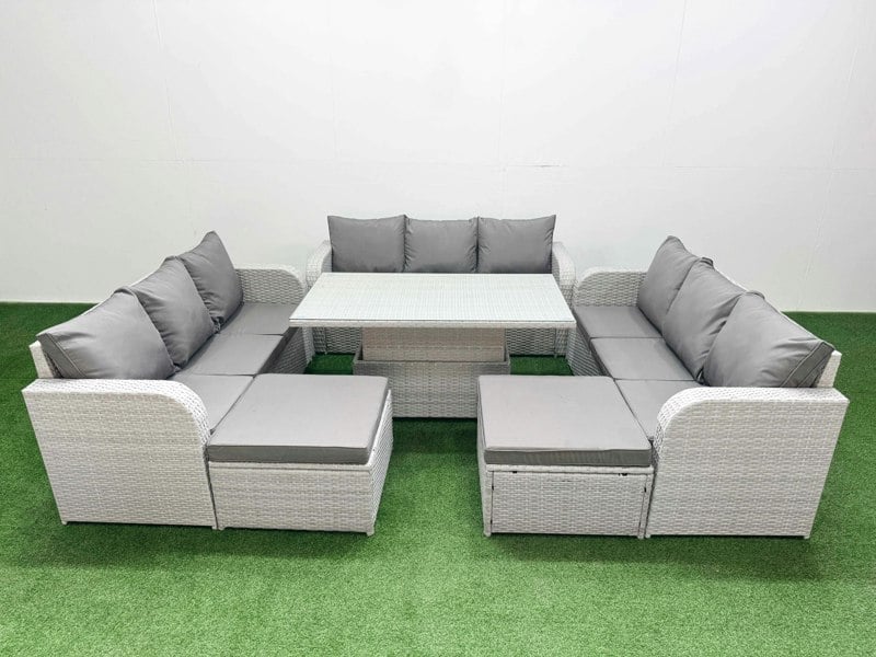 Fimous 11-Seater Light Grey PE Rattan Outdoor Lounge Set | Adjustable Dining/Coffee Table, 3-Seater Sofa, 2 Footstools