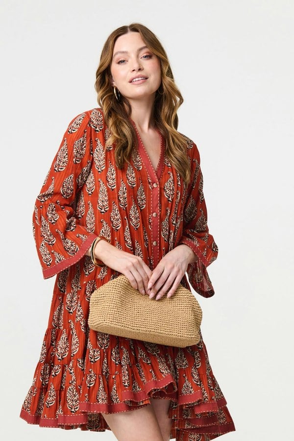 Orange | Feather Print Flare Sleeve Short Dress
