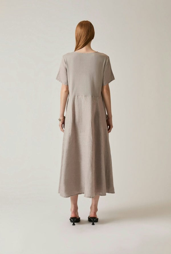 Taupe linen midi dress with pockets