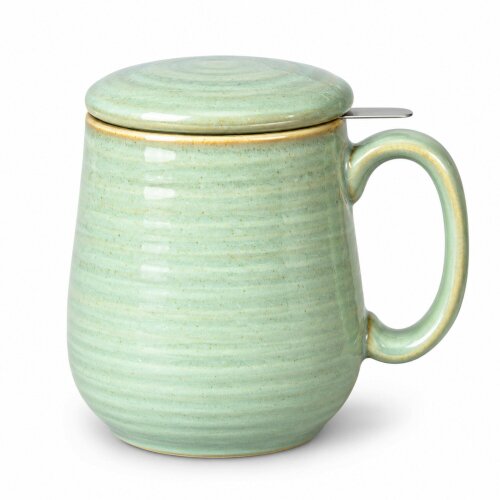 Skandi Home Aska Large Sage Green Reactive Glaze Ceramic Infuser Mug with Lid and removable Stainless Steel Infuser