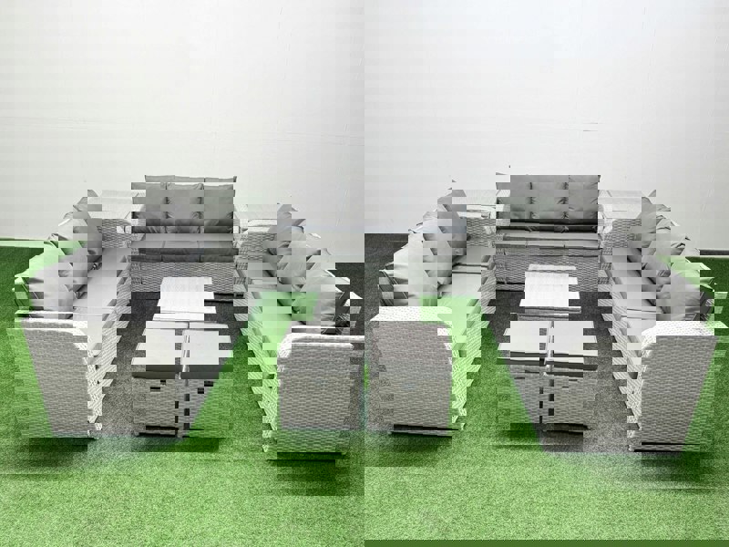 Fimous PE Rattan Lounge Sofa Set 11 Seater Outdoor Garden Furniture Set with Square Coffee Table 3 Seater Sofa 2 Stools 2 Side Table Light Grey