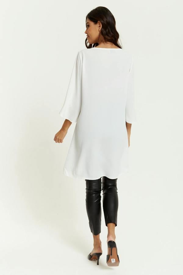 Hoxton Gal Oversized V Neck Tunic with Split Sleeves in White