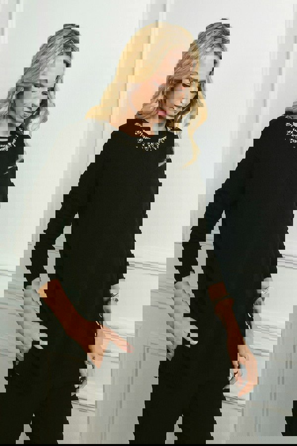 Black | Embellished Neck Relaxed Jumper : Model is 5'10"/178 cm and wears UK10/EU38/US6/AUS10