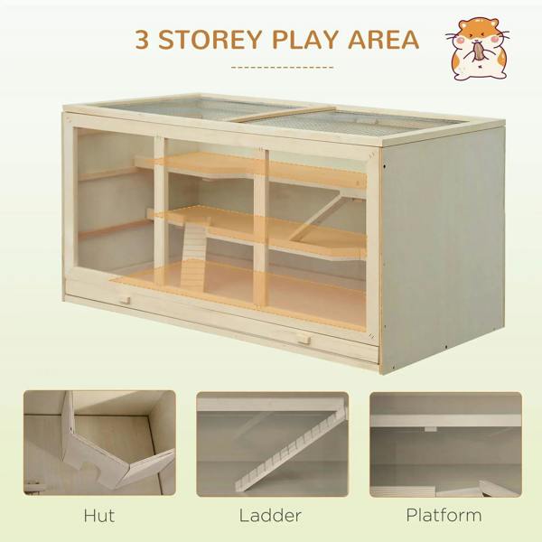 Wooden hamster play pen hutch with multi-level compartments, ladder, and platform sections