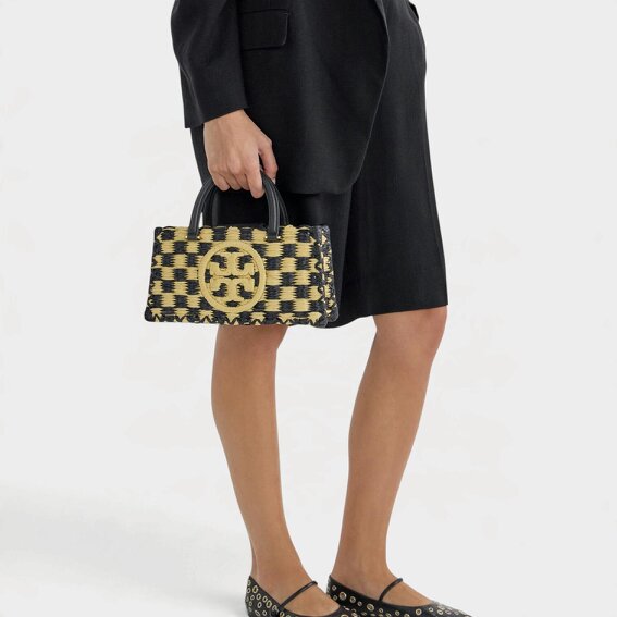 Tory Burch Ella Hand-Crotcheted Checkered Top Hand Bag Black Natural