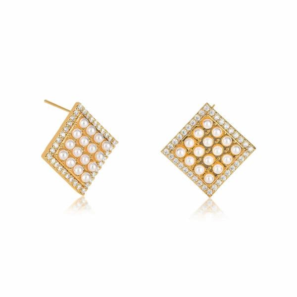Zavana Gold Large Pearl Earrings set with Small White Pearls & Cubic Zirconia for Women