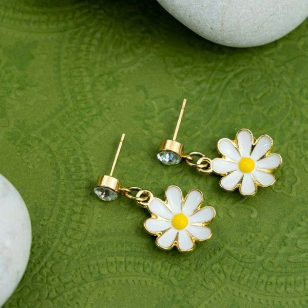 The Colourful Aura White Daisy Sun Flower Zircon Dangle Drop Summer Floral Handmade Stud Earrings