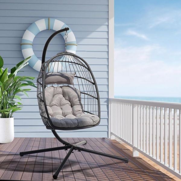 Leaper Rattan Foldable Hanging Egg Chair with Cushion Stand