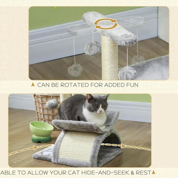 Grey cat tree with sisal post, curved tunnel perch, and rotatable top for play