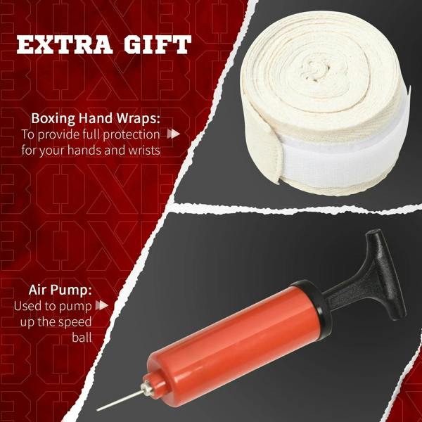 White hand wraps and orange air pump included in the boxing speed bag set
