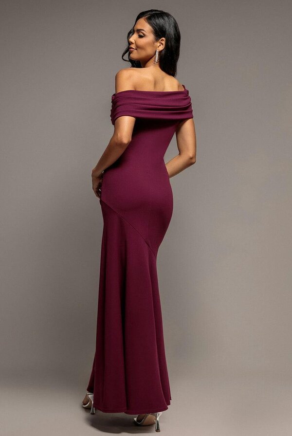 Goddiva Pleated One Shoulder Bardot Fit And Flare Maxi Dress - Plum by Goddiva
