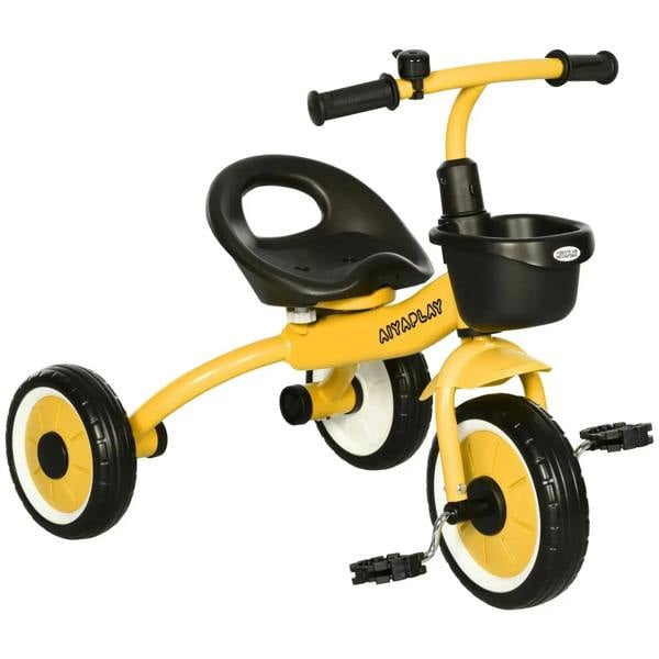 Yellow kids tricycle with black seat, front basket, bell, and three-spoke handlebars