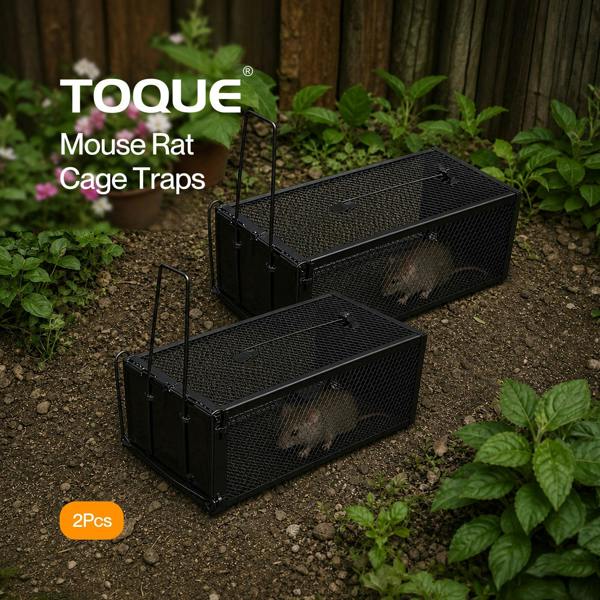 TOQUE Humane Mouse Traps Live Catch Rodent Trap Auto Lock For outdoor Black 2pc