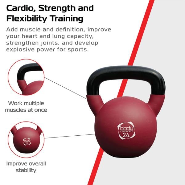 24kg red neoprene kettlebell with a sturdy black handle, designed for strength training, featuring a logo and training benefits highlighted