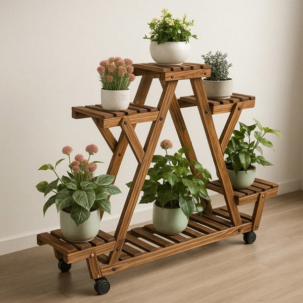BMBO 6 Tier Wooden Plant Stand With Lockable Wheels