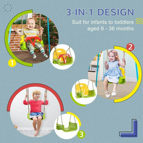 Bright kids swing seat in green, yellow, and red with visible front-bar frame