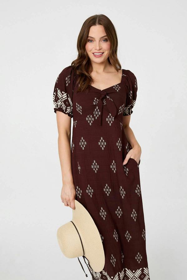 Brown | Border Print Puff Sleeve Midi Dress