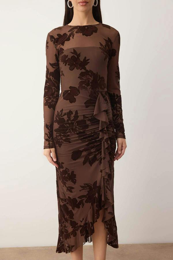WOVCOR Flocked Mesh Lined Long Sleeve Bodycon Midi Dress