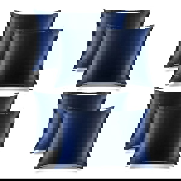 Four drowsysleepco Midnight Blue Silk Pillowcases are arranged in two rows on a white background, showcasing their smooth, shiny finish. These cases protect hair and skin while enhancing your bedroom’s elegance.