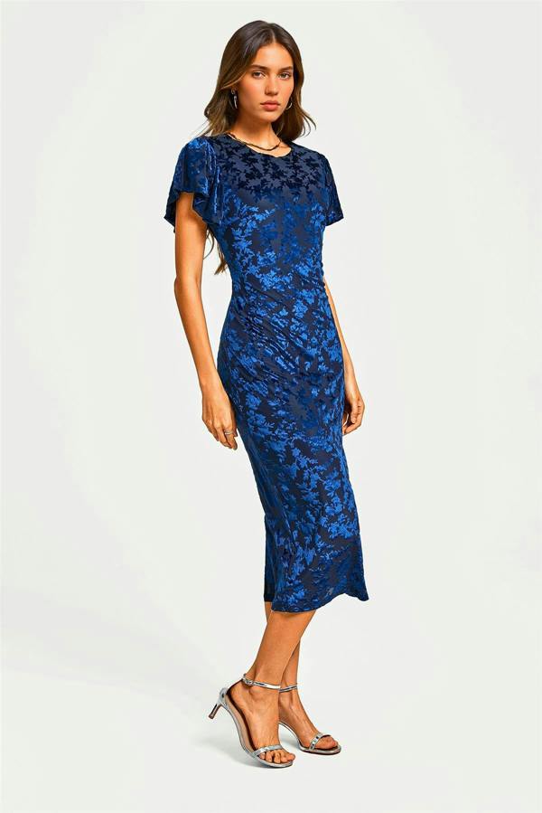 FS Collection Floral Velvet Devore Puff Sleeve Bodycon Midi Dress In Navy