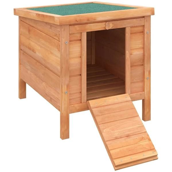 Small wooden animal hutch with open roof and folding ramp, natural wood finish