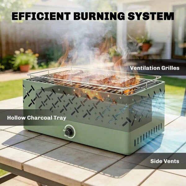 Bobobiy Portable Charcoal BBQ Grill, Battery Powered Barbecue Grill with Built-in Fan for Camping Picnic, Light Green