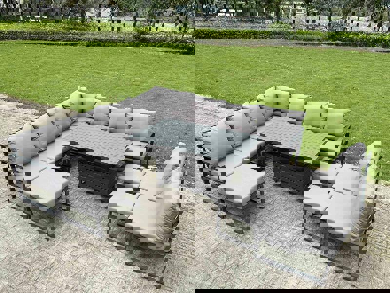 Fimous 10 Seater Aluminium Garden Furniture Set with Adjustable Rising Dining Table, Corner Sofa, 3 Footstools - Grey