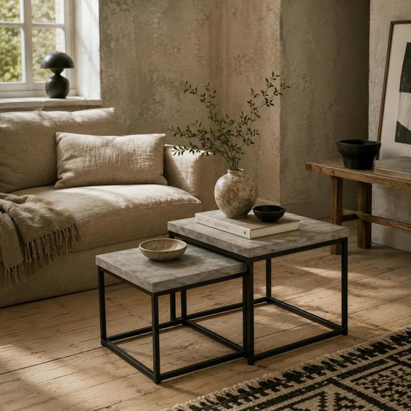 Wyld Haus Keco Wooden Grey Set Of 2 Nesting Coffee Tables With Thick Tabletops