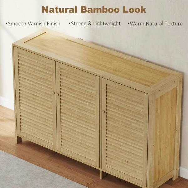 Bobobiy Bamboo Shoe Cabinet with Louvered Doors, 18 Pairs Shoe Storage Cabinet with Adjustable Shelves for Hallway, Natural