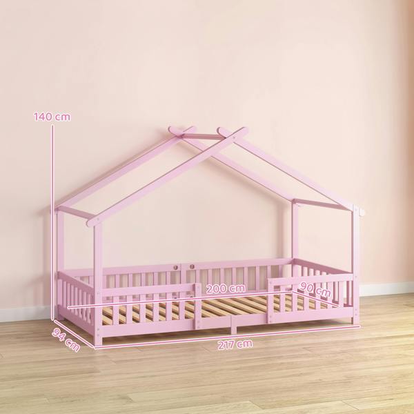 AIYAPLAY Wooden Kids Single House Bed Frame with Dual Guardrails