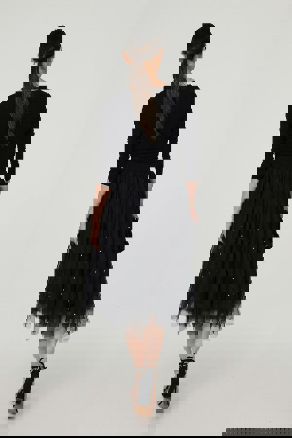 Black | Reversible Hanky Hem Mesh & Knit Midi Skirt
