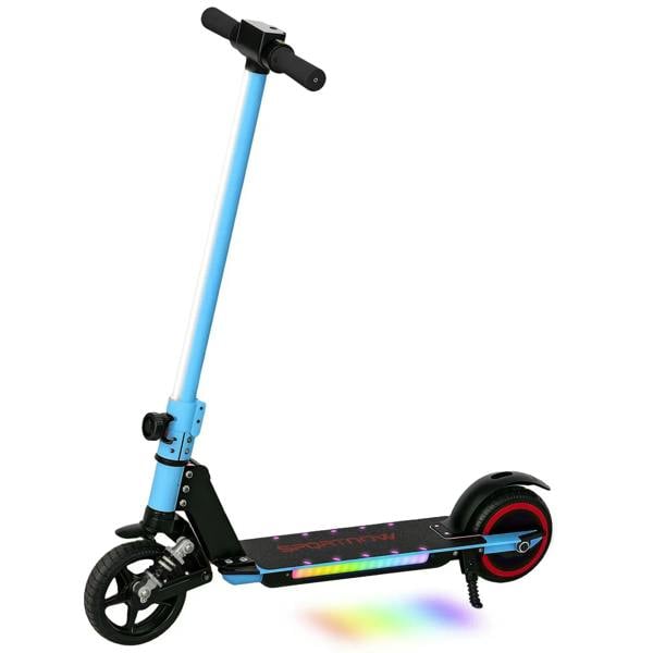 Kids folding electric scooter, blue frame, front suspension, LED colorful deck lights