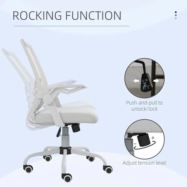 White mesh swivel office chair with padded seat and flip-up armrests on rolling base