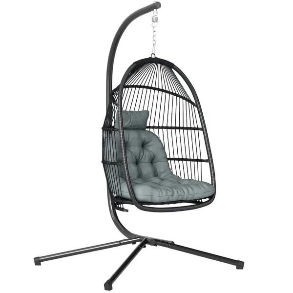 Bobobiy Rattan Hanging Egg Chair with Stand, Foldable Wicker Swing Egg Chair with Cushion, Steel Frame, Hammock Chair, Capacity 150 kg, Dark Grey