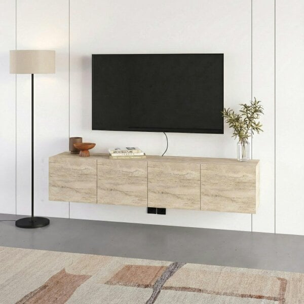 Decortie Daroca Floating Wall-Mounted TV Unit up to 65-Inch TVs 180cm(W) Soft-Close 4 Doors TV Cabinet for Living Room - Travertine