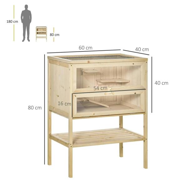 Natural fir wooden small animal cage with open front, ramp, and lower platform