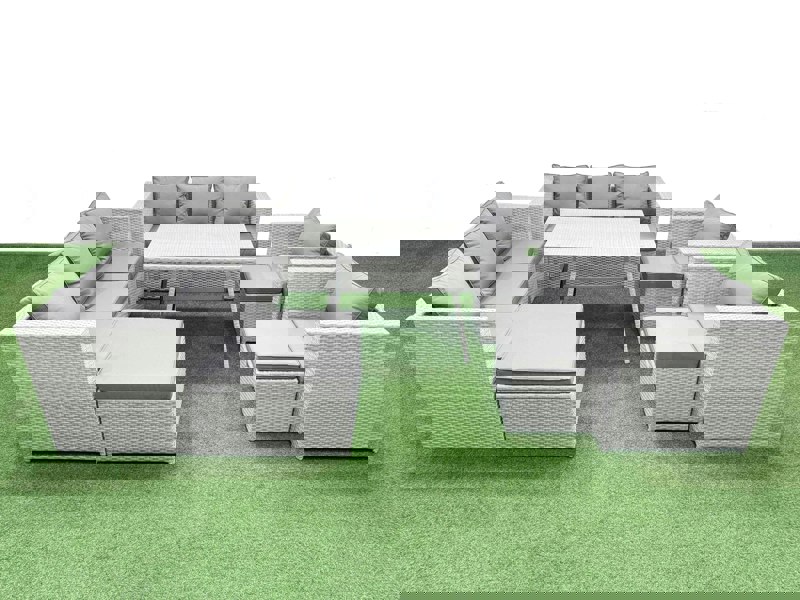 Fimous 11 Seater Garden Furniture Set PE Rattan Garden Sofa Set with Rectangular Dining Table 3 Stool Light Grey