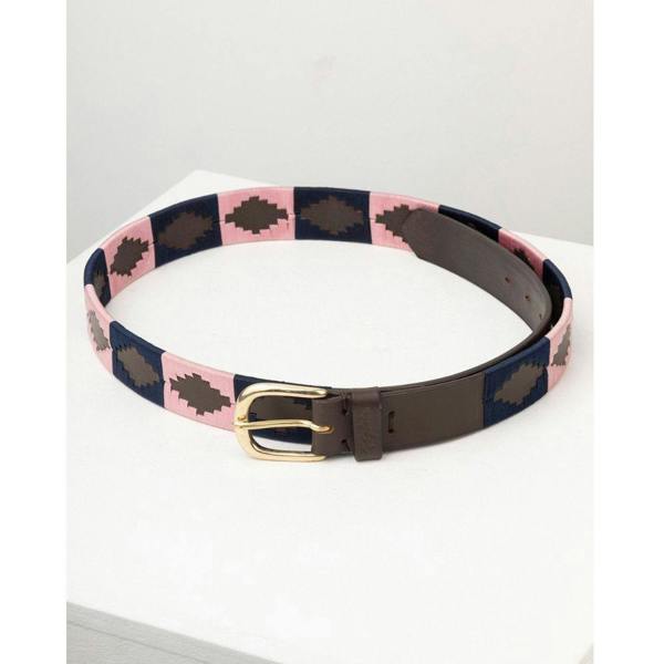 Rydale Askwith Polo Belt in pink and navy with embroidered cotton pattern and leather buckle fastening.