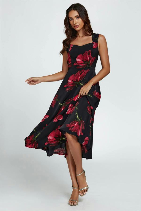FS Collection Floral Print Heart Neck Midi Dress In Black