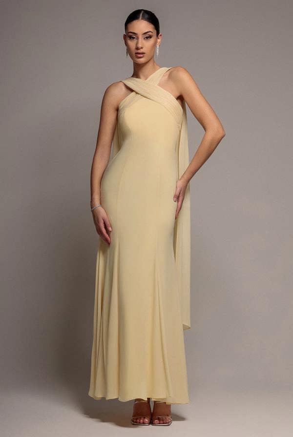 Cross Front Scarf Back Chiffon Mermaid Maxi Dress - Butter Yellow DR4831
