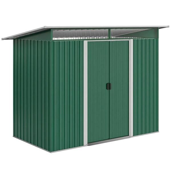Green metal garden shed with double doors, gabled roof, and corrugated panels